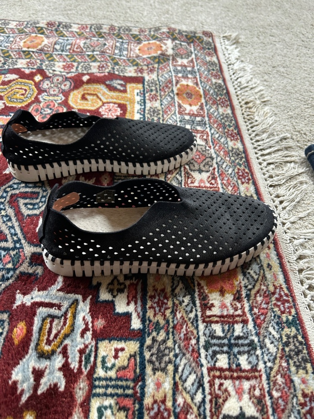 Ilse Jacobsen Black Perforated Slip-On Loafers with White Trim